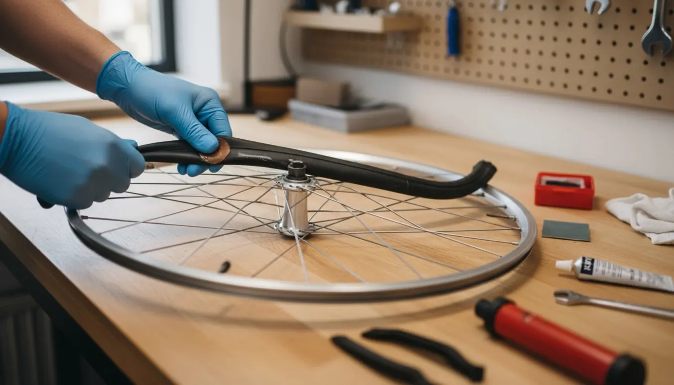 Nærbillede af et cykelforhjul med en punkteret slange, hvor hænder lapper slangen med et lapningssæt på et lyst værksted.