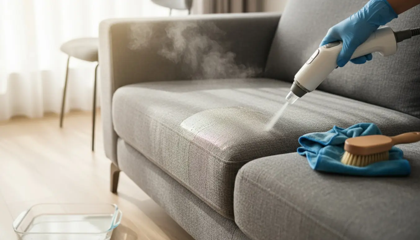 Damprens af en stofsofa med dampdyse og synligt renset område i et lyst, moderne opholdsområde.