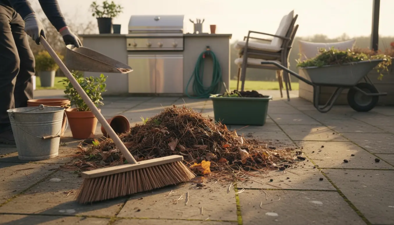 Person fejer og ordner en fliseterrasse med fyrnåle, blade og havemøbler i eftermiddagslys.