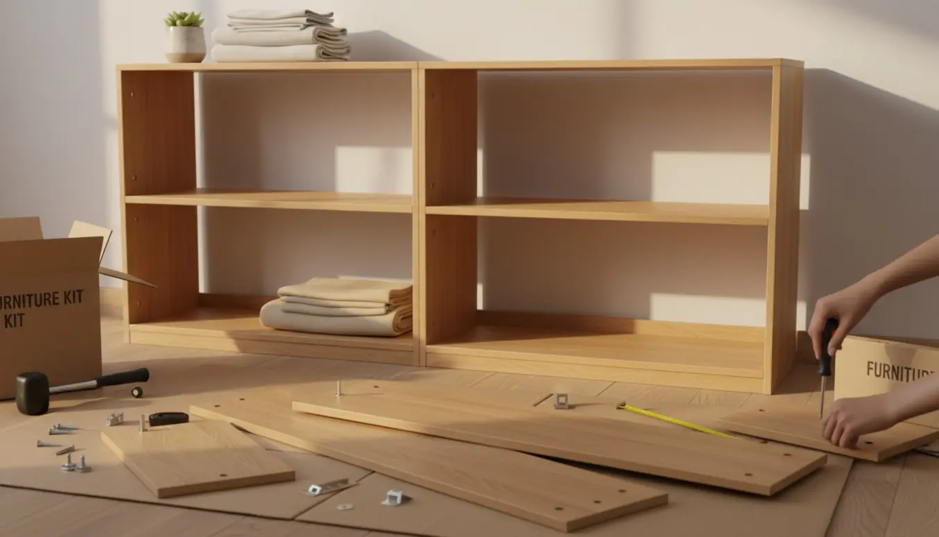 To fladt pakkede reoler samles i et soveværelse, hænder bruger unbrakonøgle og skruetrækker.