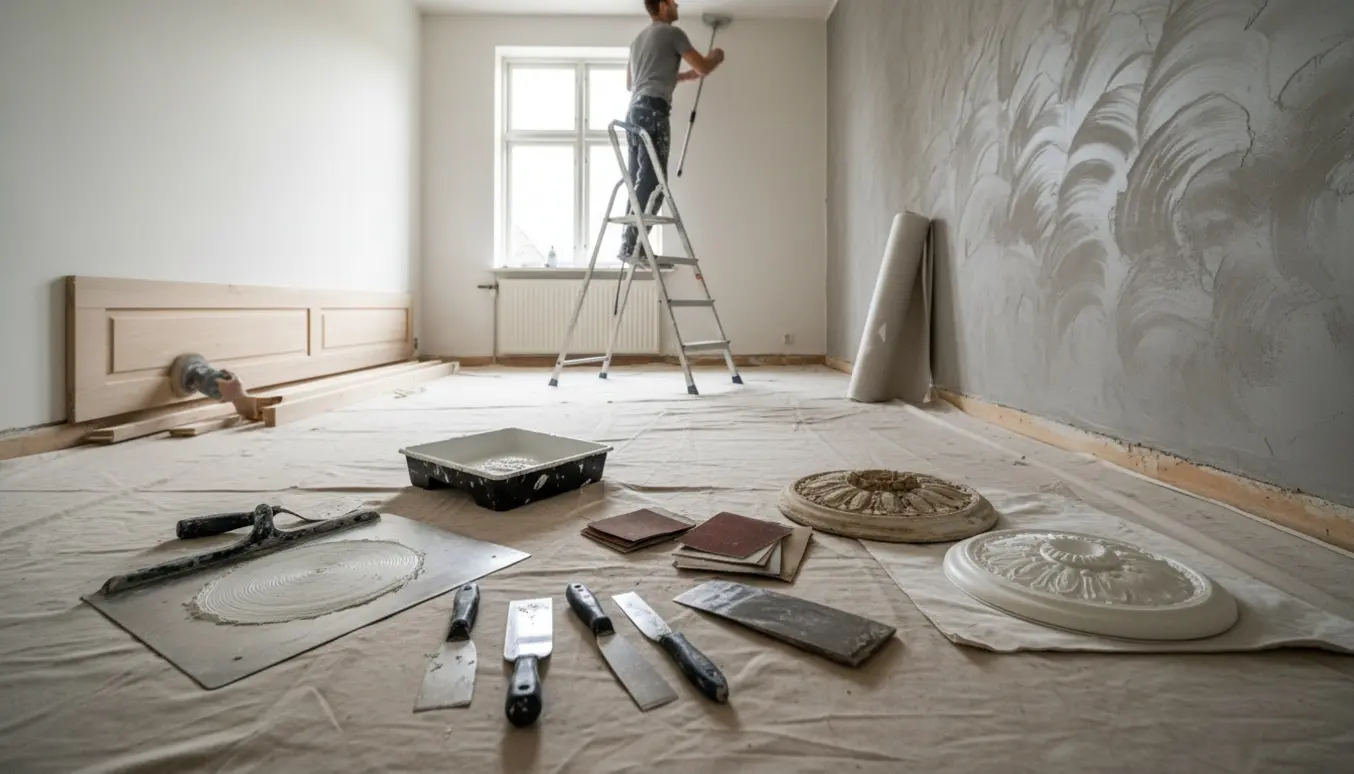Soveværelse under renovering med fuldspartling, opsætning af filt, slebne paneler og udskiftet roset klar til maling.