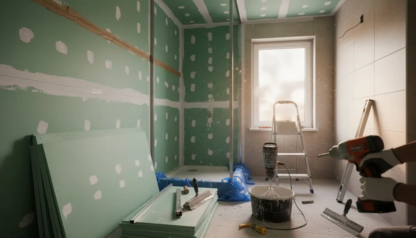 Delvist renoveret badeværelse med fugtbestandige gipsplader ved brusekabinen og håndværktøj.