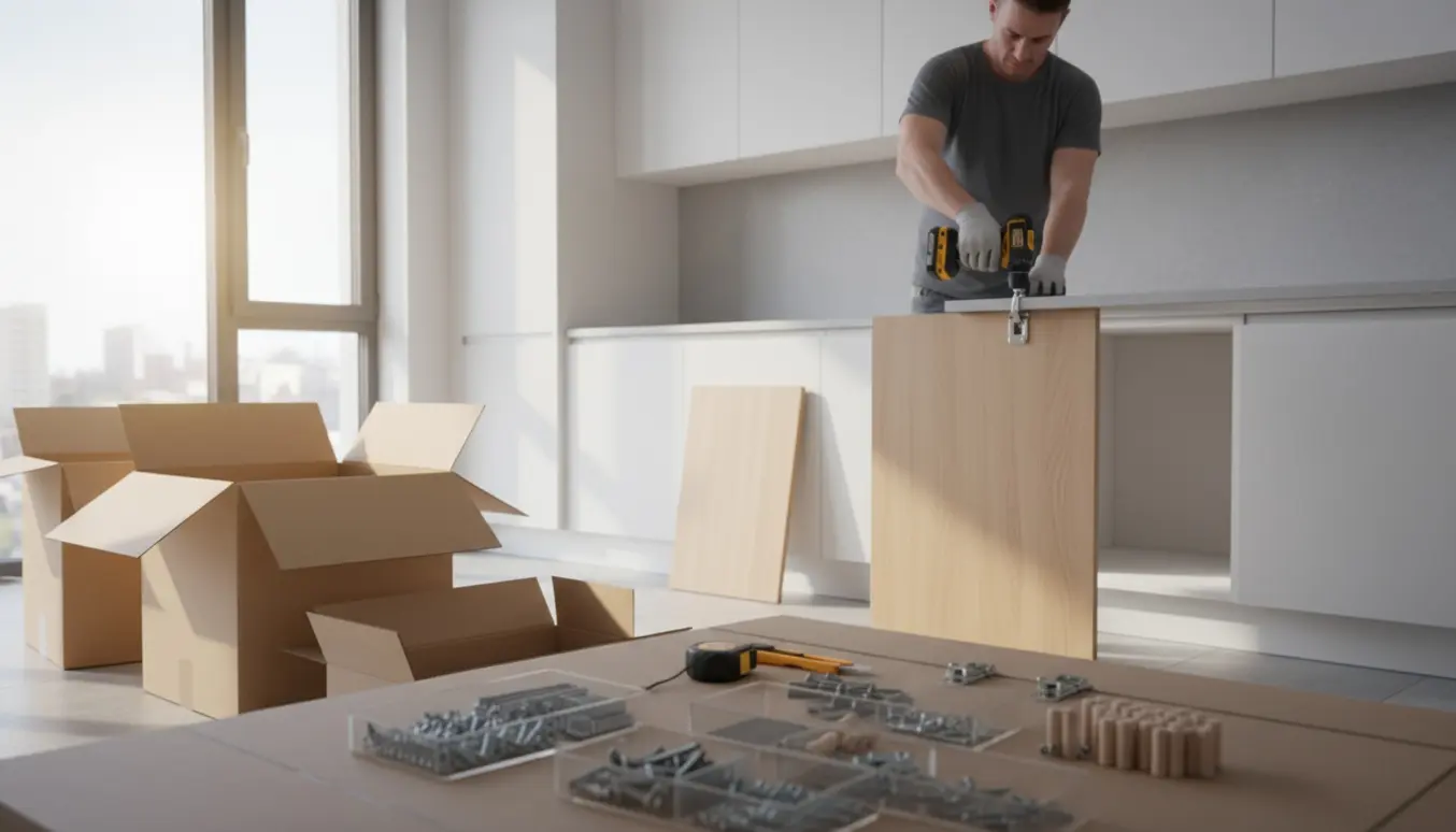 Hænder monterer et Ikea Metod-køkken med papkasser og værktøj i et lyst, moderne køkken.