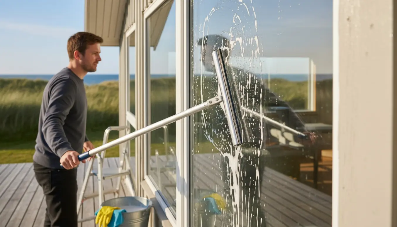 Person pudser vinduer på et sommerhus med en lang vinduesskraber ved kysten.