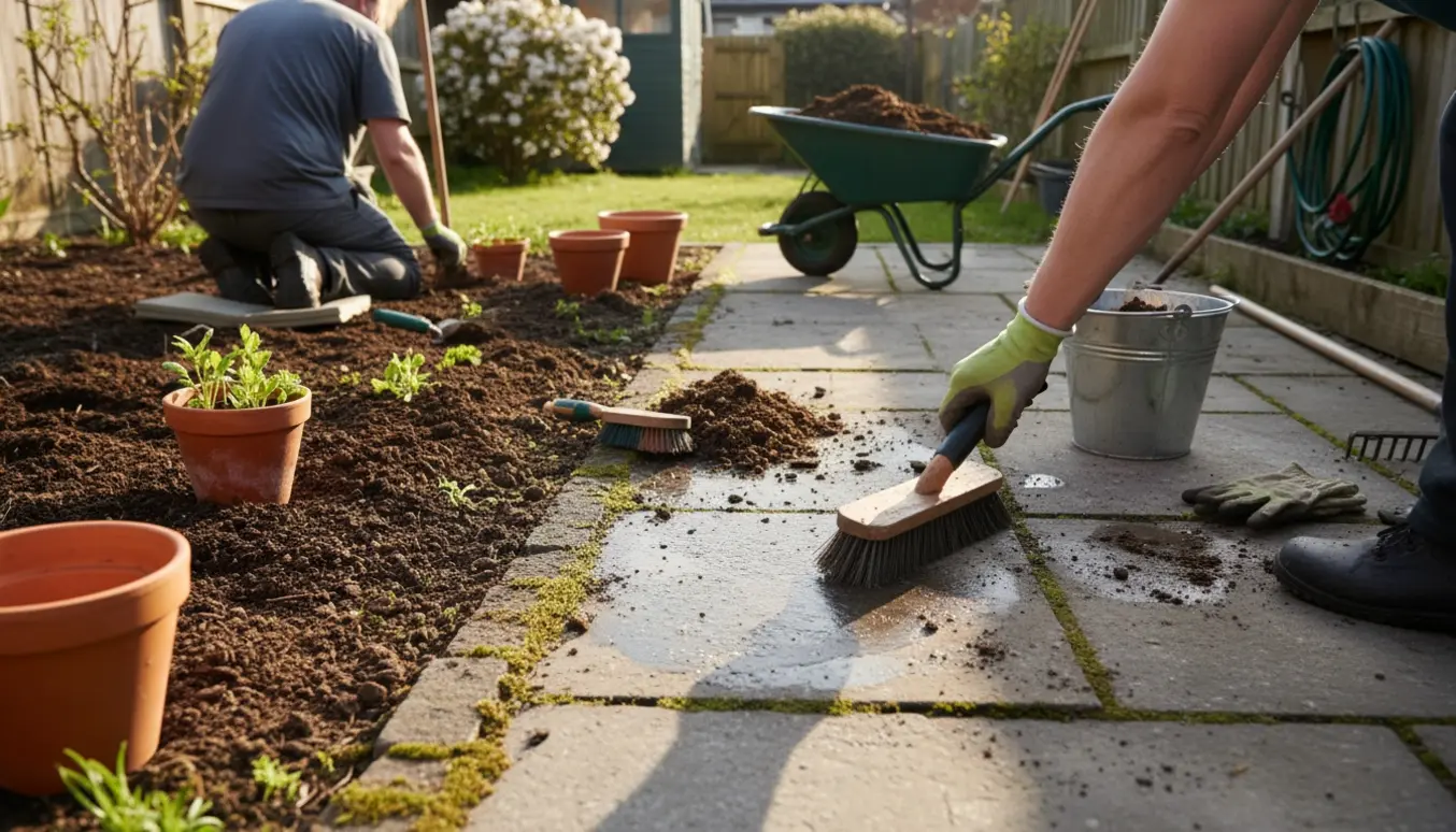 En person gør en lille have og terrasse forårsklar ved at rense fliser og plante nye stauder.