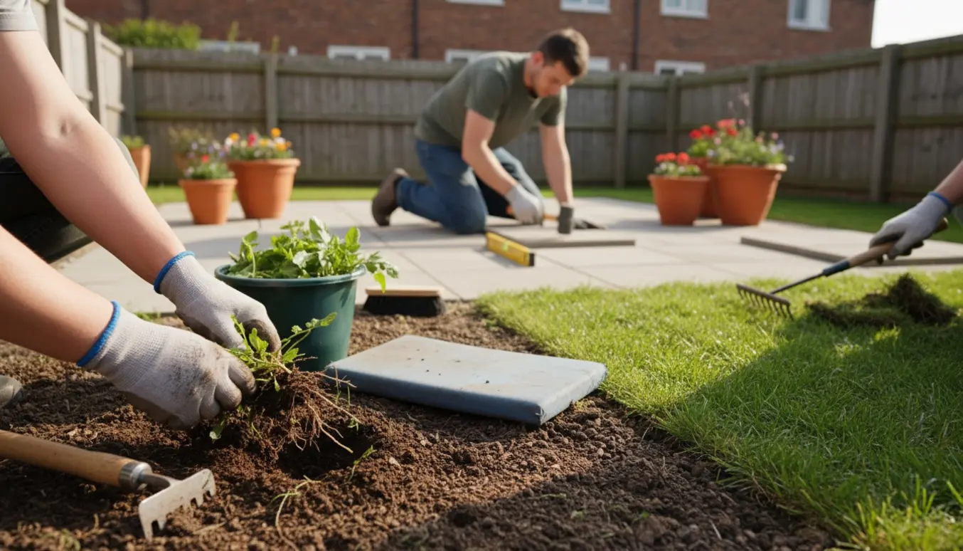 Hænder luger bed, mens fliser lægges og en lille græsplet ordnes i en rækkehushave.