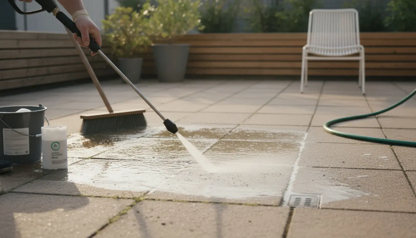 Mellemstor terrasse hvor en højtryksrenser og børster fjerner snavs og mos fra fliserne, med en tydelig rengjort stribe.