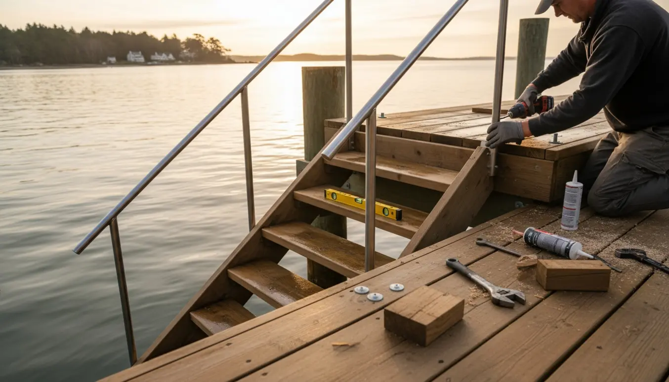 Håndværker monterer en havetrappe på en træmole med værktøj og materialer ved vandet.