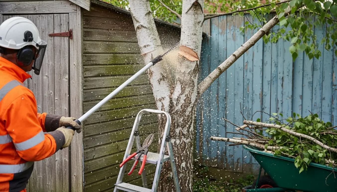 Beskæring af en birk i en smal sprække mellem et skur og et hegn med sav og grensaks.