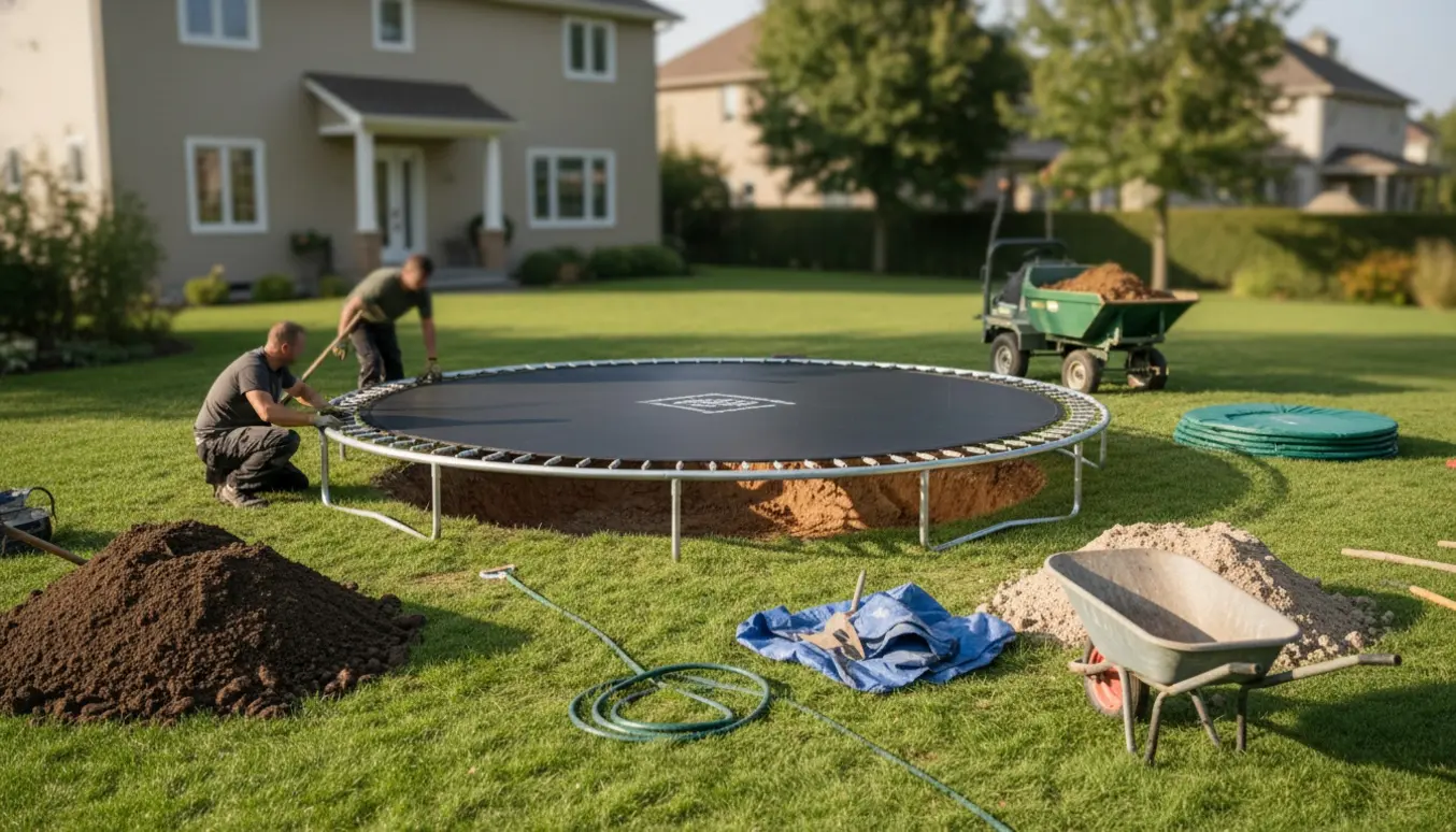 Stor rund trampolin sænkes ned i en grav i haven, omgivet af jordbunker og værktøj.
