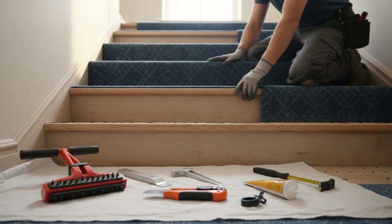 Håndværker lægger tæppe på en trappe med tretten trin med værktøj og tæppekanter i fokus.