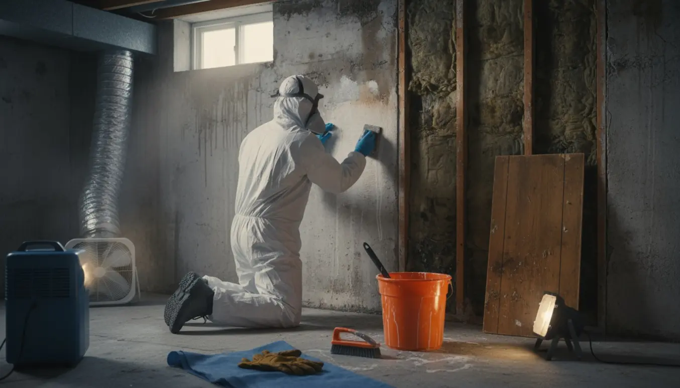 Hænder skrubber skimmelsvamp fra kældervæg med værktøj, affugter og ventilator i baggrunden.