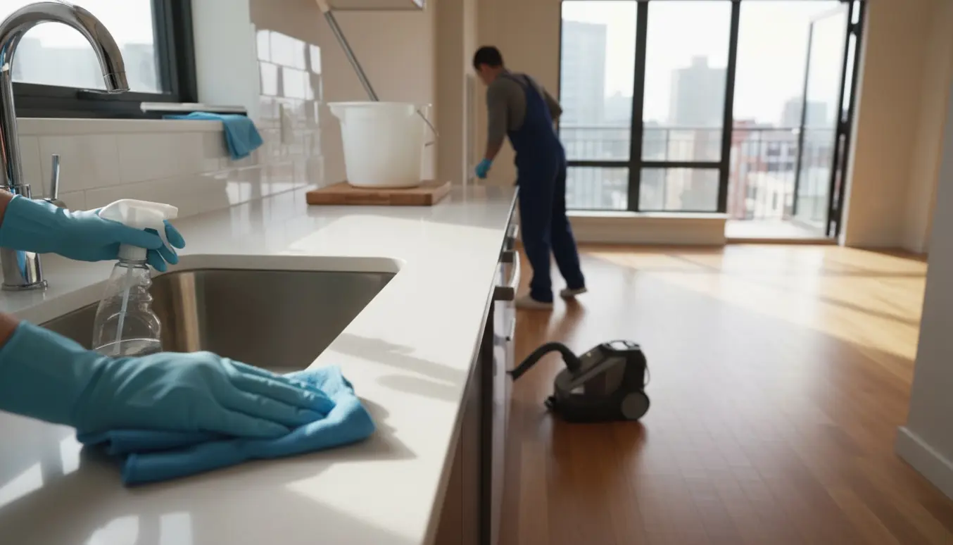 Handsker og klud polerer køkkenbord i en solfyldt lejlighed under grundig indflytningsrengøring.