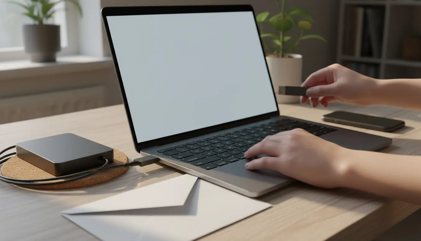 Bærbar med tom skrivebordsskærm og en hånd, der sætter et USB-drev i, ved siden af en konvolut, der symboliserer mistet mail og filer.