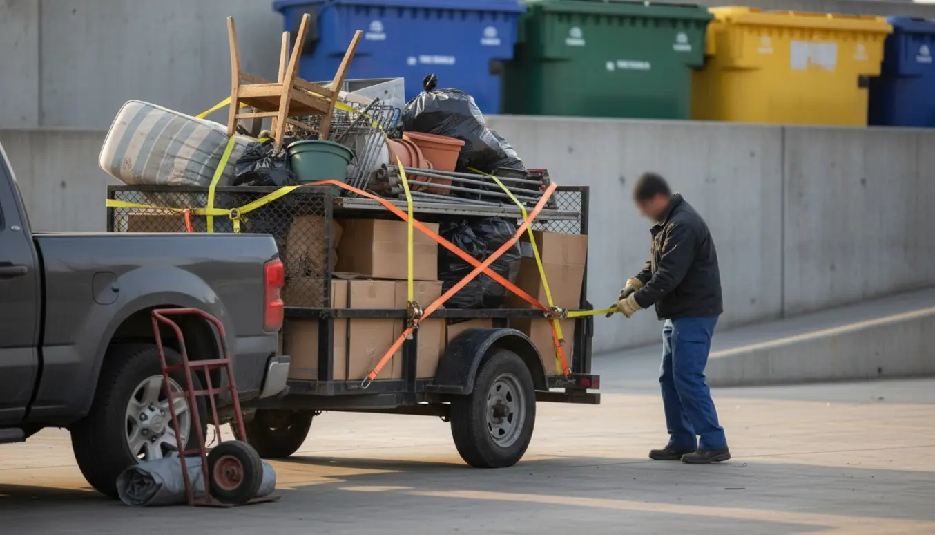 En mellemstor trailer læsset med storskrald og fastspændt klar til aflevering på genbrugspladsen.