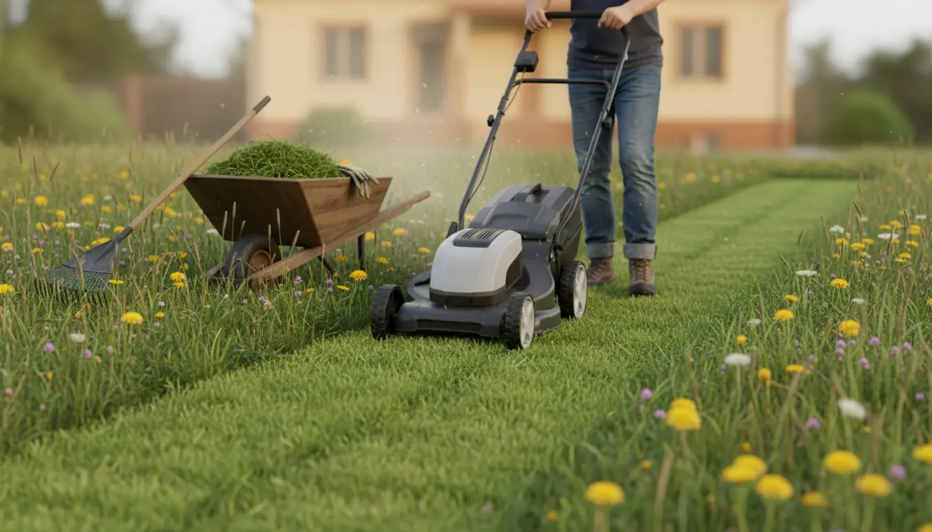 Person set fra livet slår meget højt græs med en plæneklipper, der efterlader en tydelig nyslået stribe på en ujævn græsplæne.