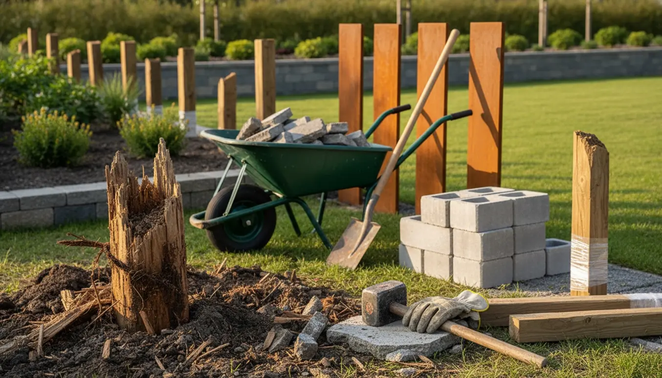 Rådne træstolper og brudt beton i en havearbejdsplads med værktøj og materialer klar til udskiftning.
