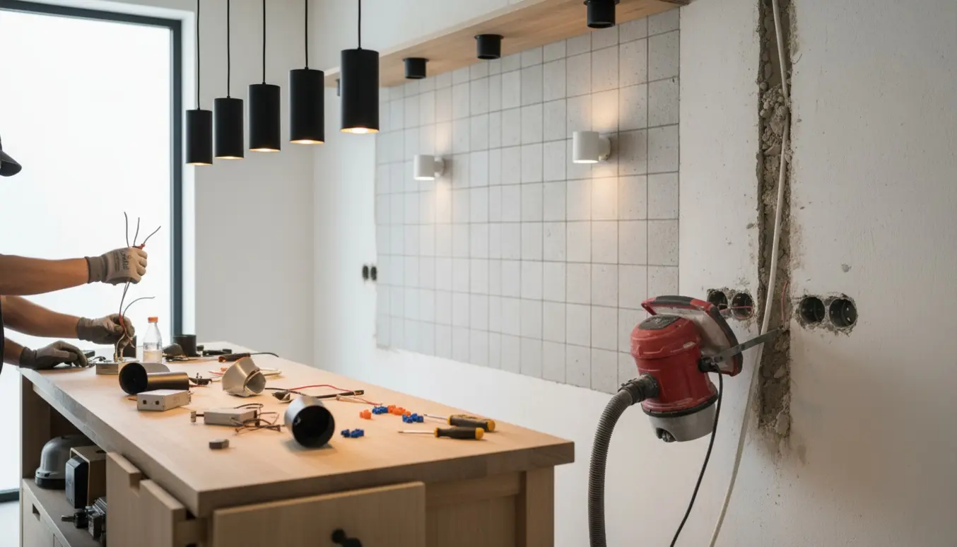 Elektriker monterer pendler, væglamper og indfræste kabler i et moderne køkken.