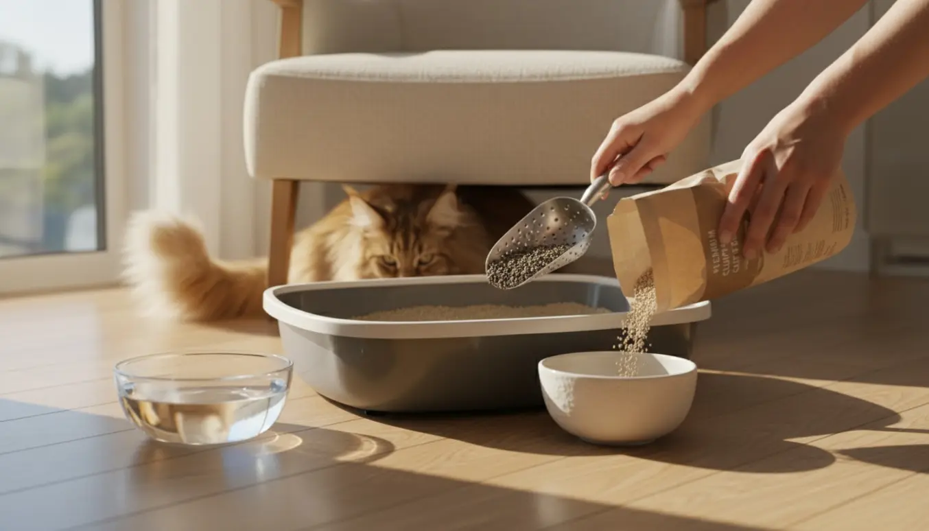 Hænder skovler kattegrus i en bakke, fyldte mad- og vandskåle og en maine coon gemmer sig delvist i baggrunden.