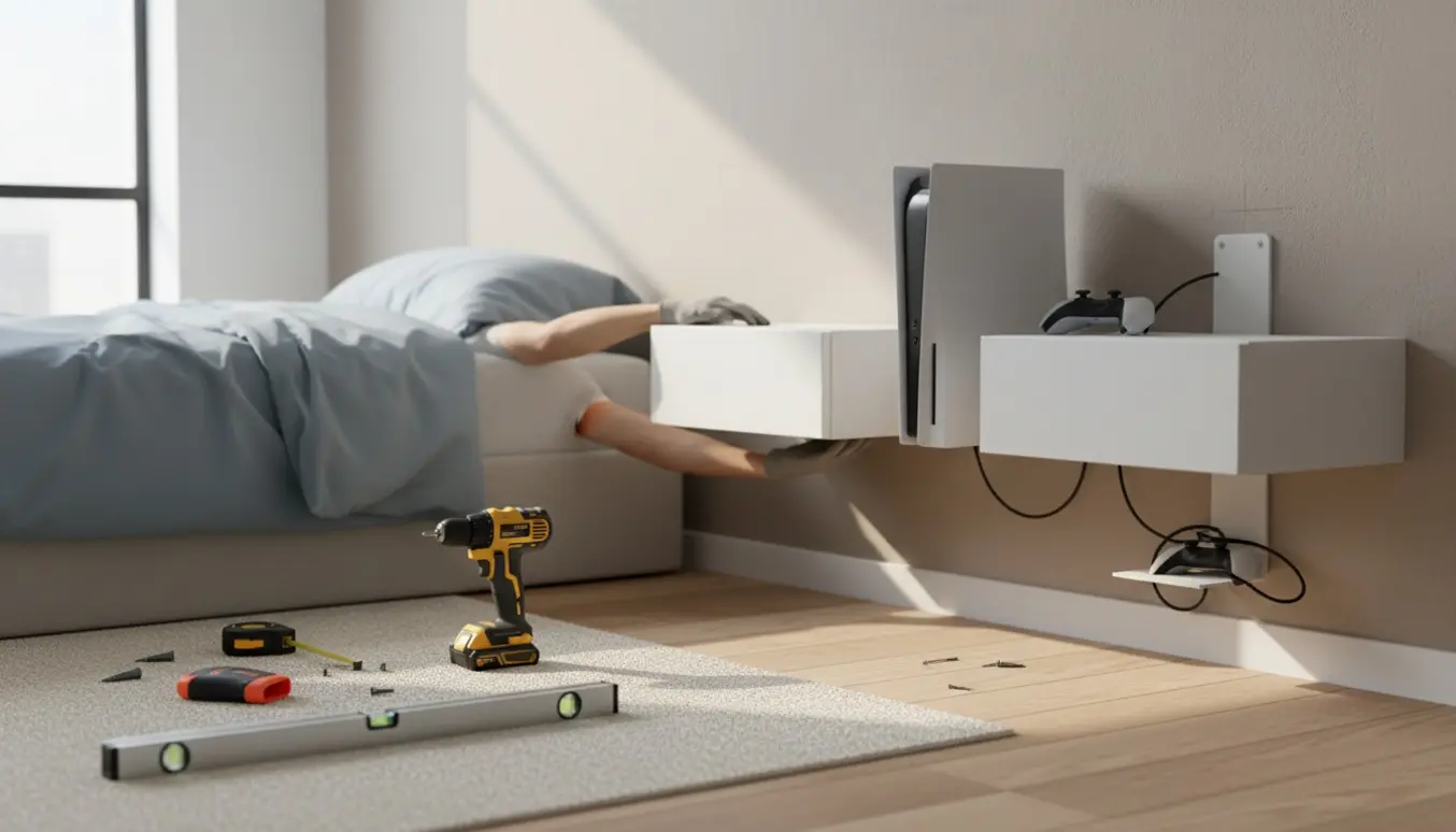 To natborde hænges op ved siden af en vægmonteret hvid spillekonsol i et lyst, minimalistisk soveværelse.