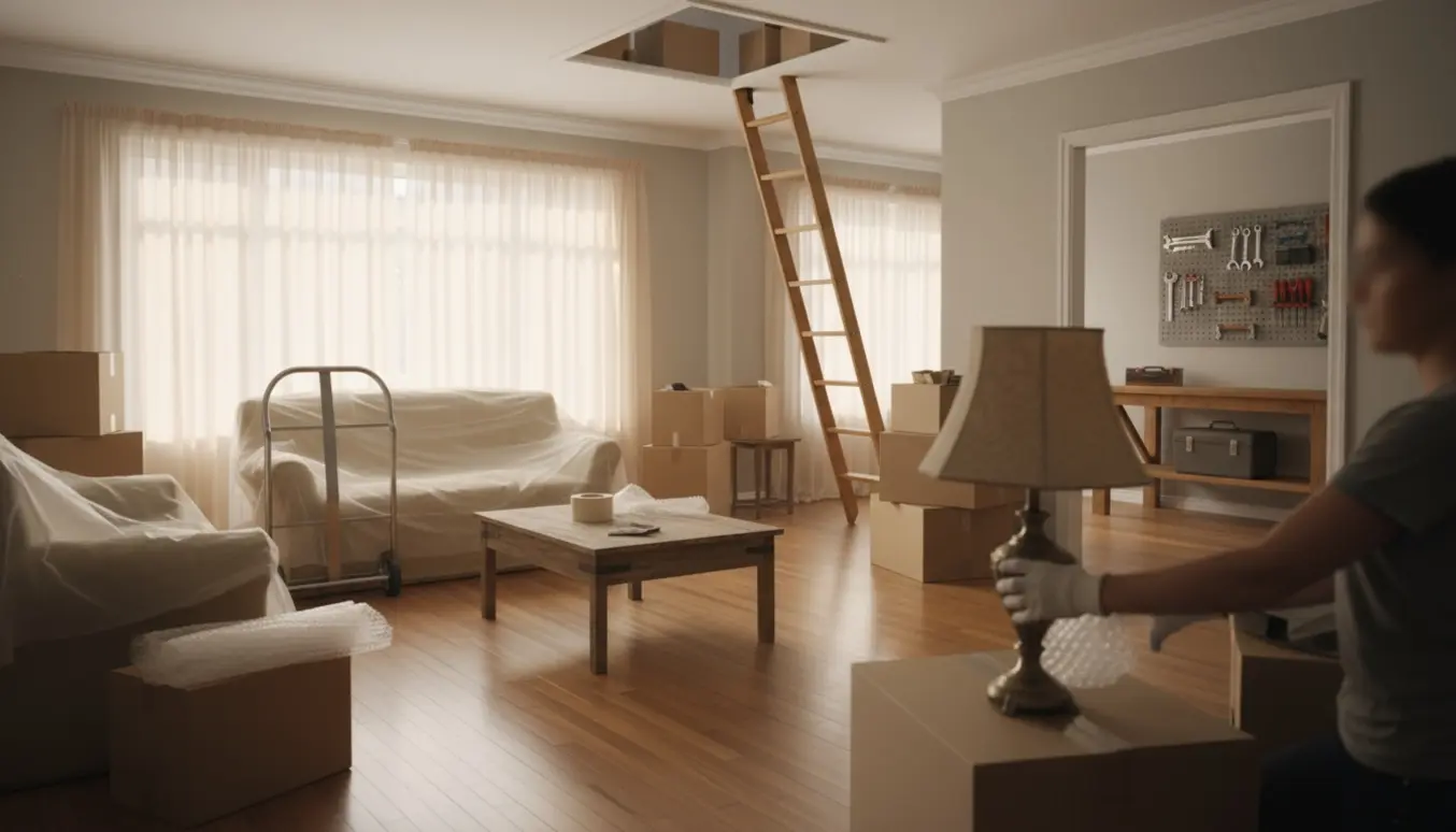 Interiør af en villa under rydning af dødsbo med møbler, flyttekasser, flyttetæpper, loftsluge og et lille værksted.