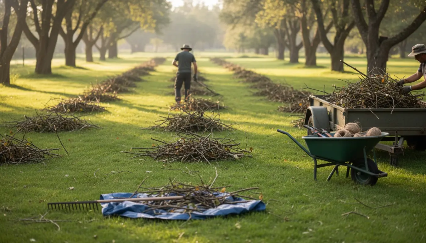 Person river grene sammen på en stor græsplæne og læsser dem på en trailer.