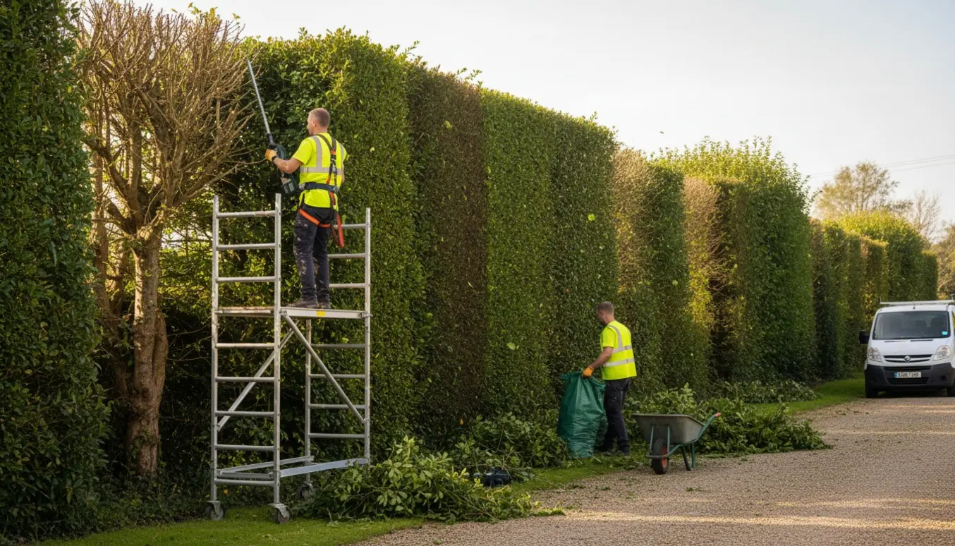 Stillads med fagfolk, der trimmer en 3,5–4 m høj og 30 m lang hæk, med haveaffald samlet i bunker.