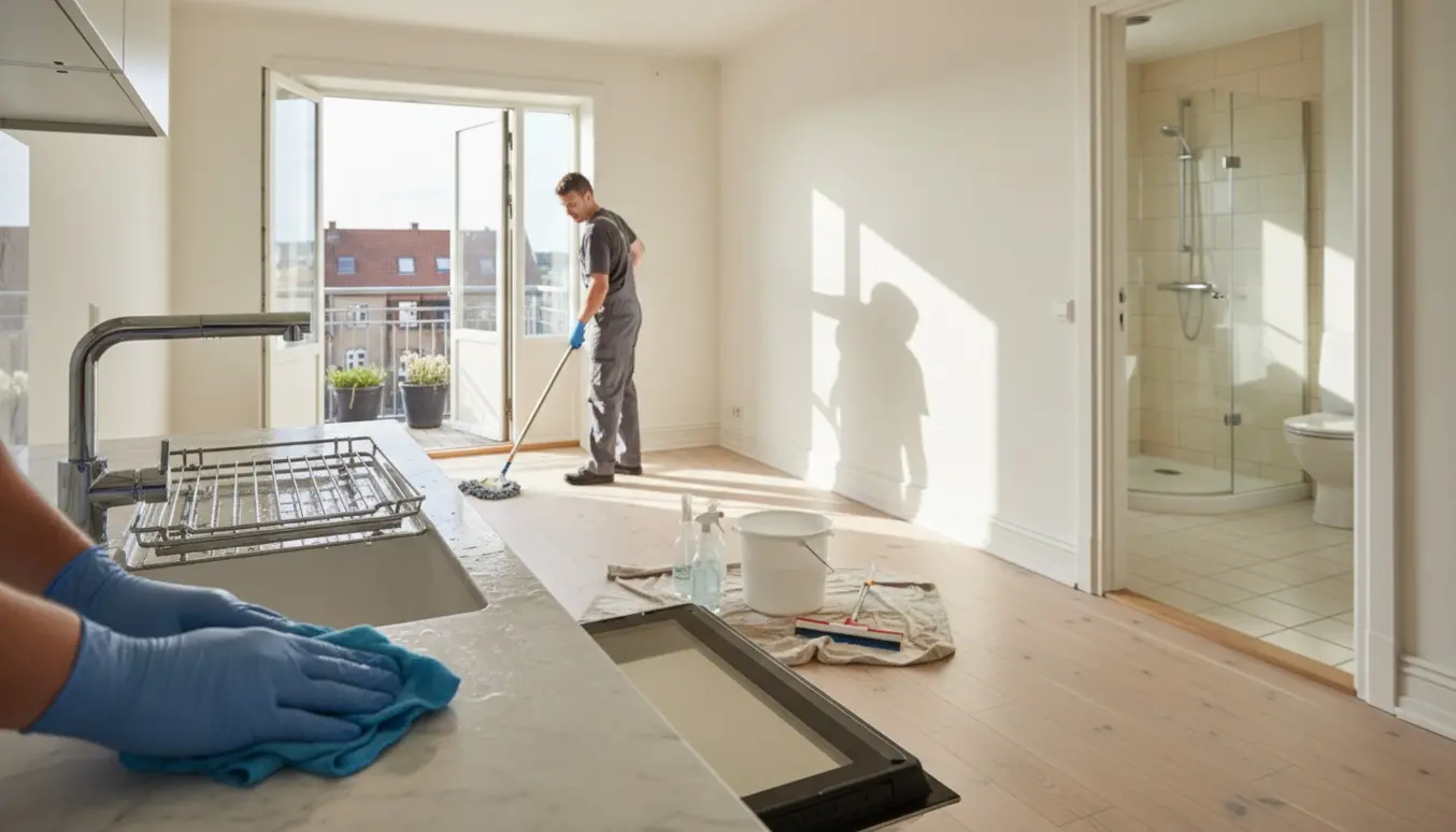 Professionel rengøring i en lys tom toværelses lejlighed med åbne skabe, moppet gulv og rengøringsudstyr.