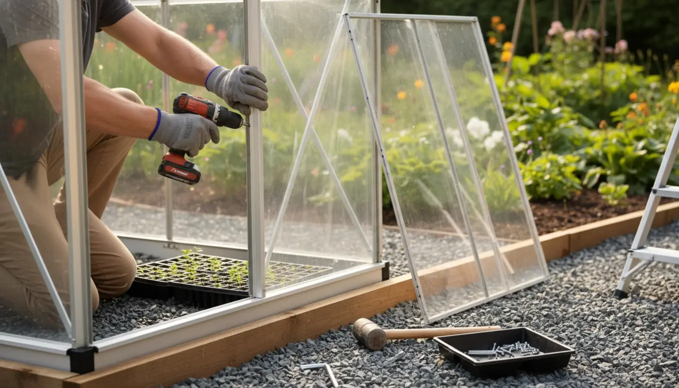 Hænder monterer et lille drivhus i en solrig baghave med værktøj og kimplanter omkring.