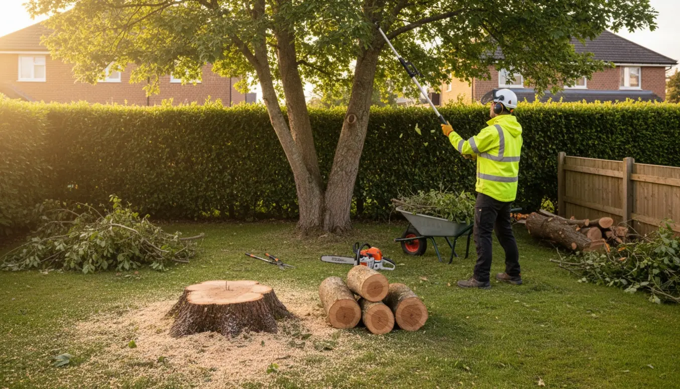 En person i sikkerhedsudstyr beskærer to-tre stammede træer over en hæk, med et fældet træstød og en pæn bunke grene klar til bortkørsel.