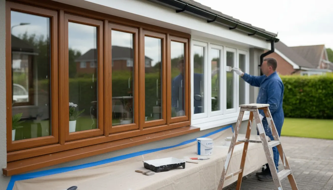 En person maler vinduesrammer på et hus med malergrej og afdækningsstof i dagslys.