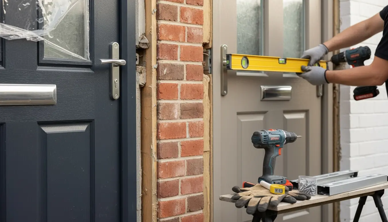 To nye facadedøre delvist monteret med synlige ubeskårede sprækker uden fuge eller isolering og arbejdsværktøj i forgrunden.