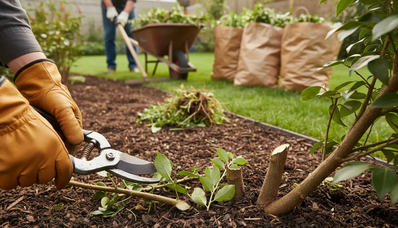 Hænder i handsker beskærer en busk og fjerner ukrudt ved en veltrimmet græsplæne med trillebør til haveaffald i baggrunden.