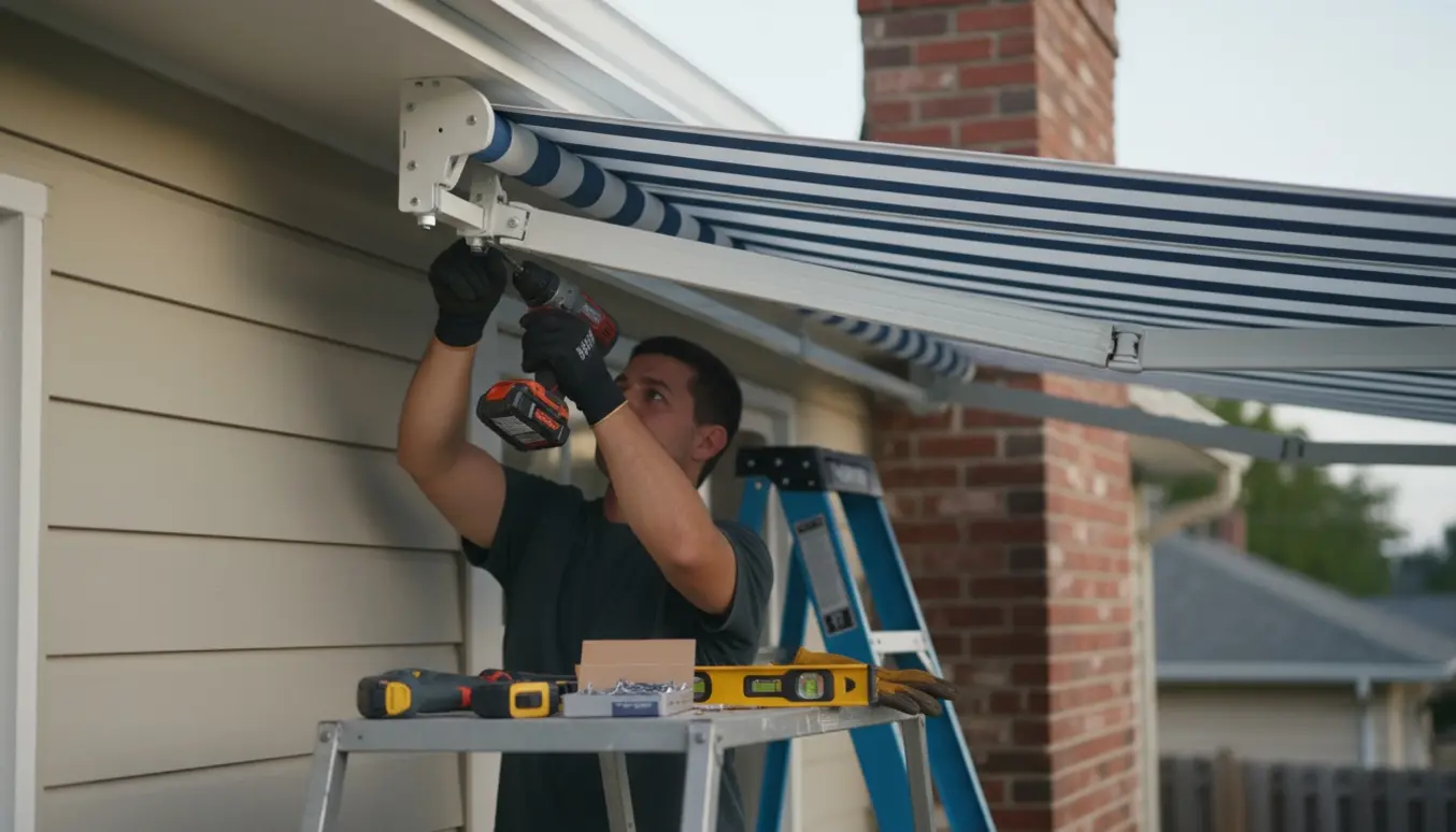 Nærbillede af montering af markise på udhæng med værktøj og monteringsbeslag.
