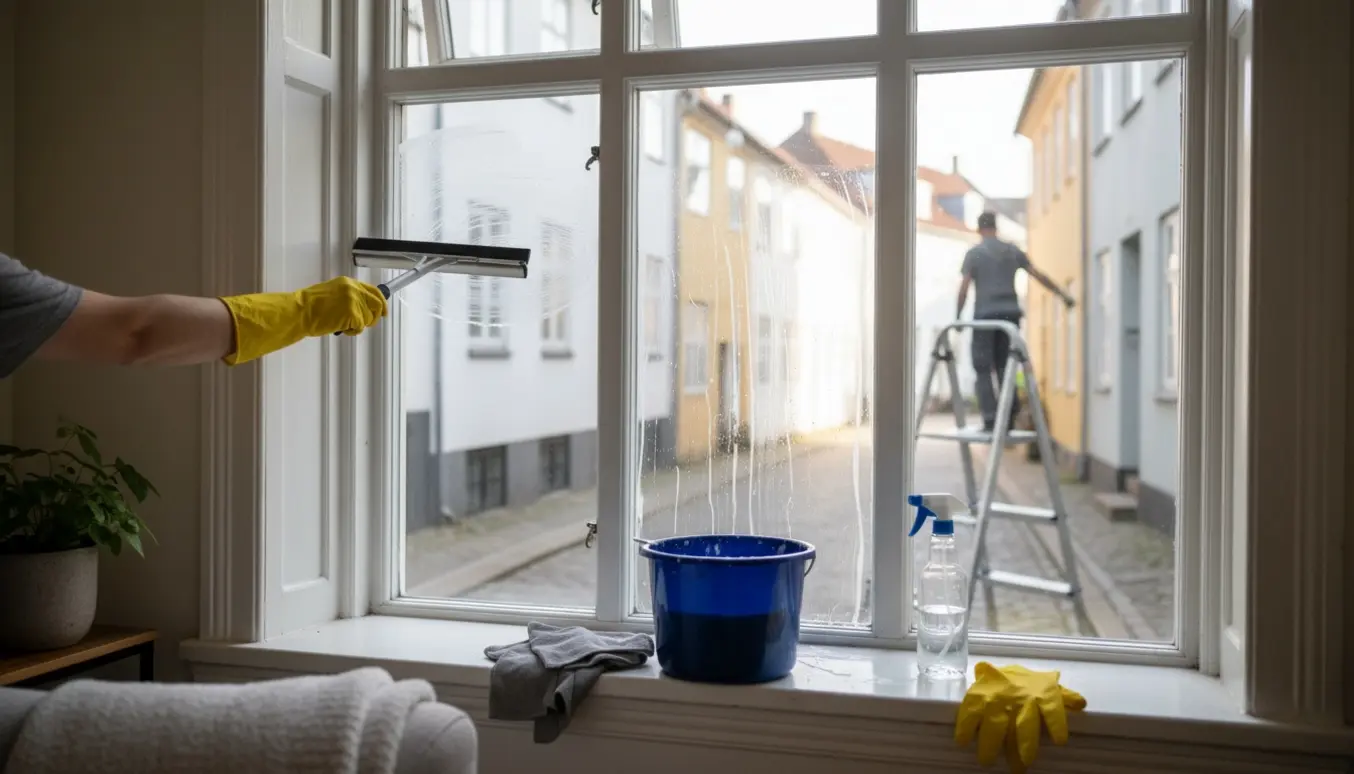 Nærbillede af vinduespudsning på en stuelejligheds dannebrogsvindue med spand, klude og stige uden synlige ansigter.