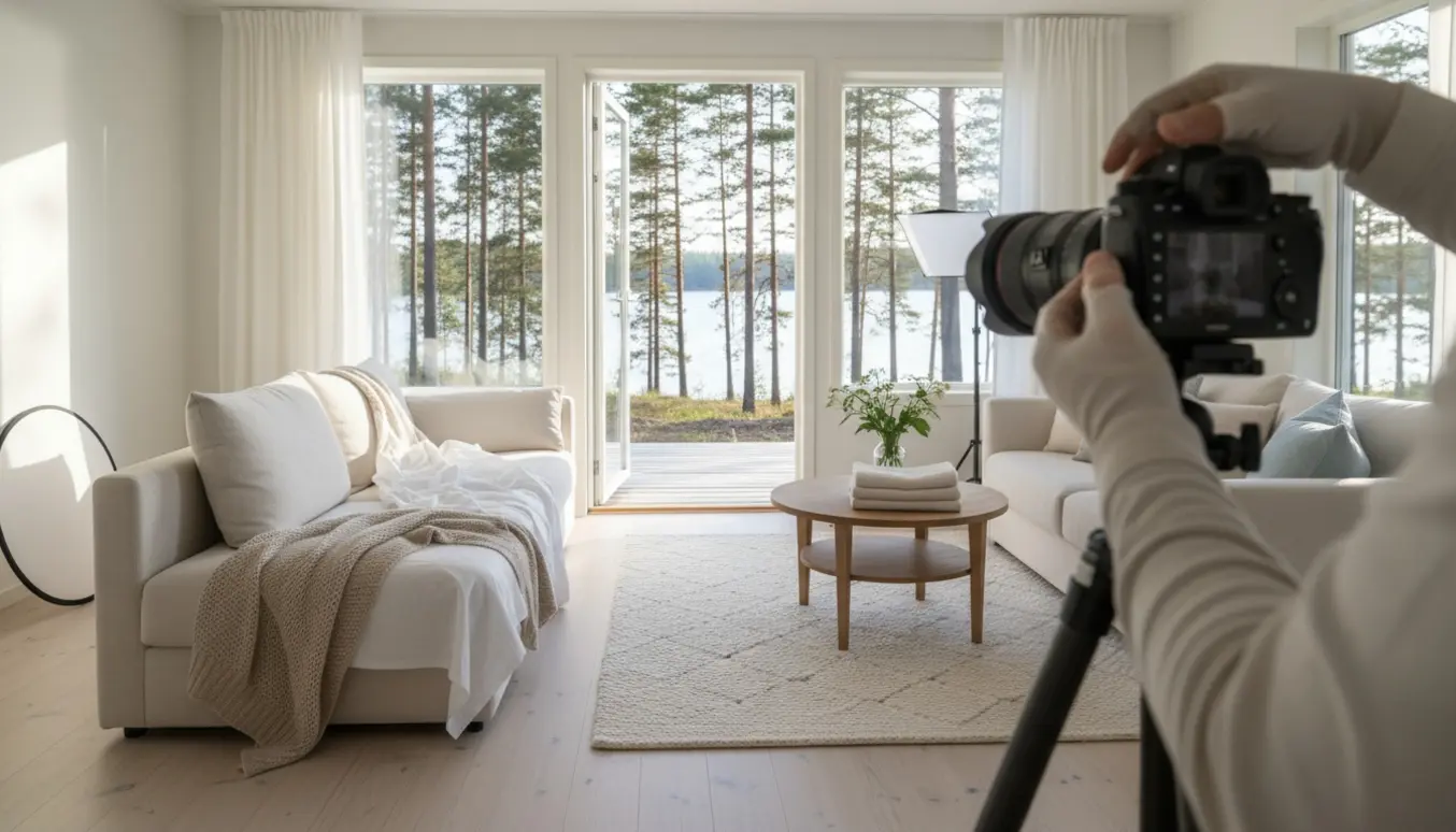 Fotograf justerer kamera på stativ og fotograferer et lyst, velindrettet sommerhus med åben terrasse og naturskøn udsigt.