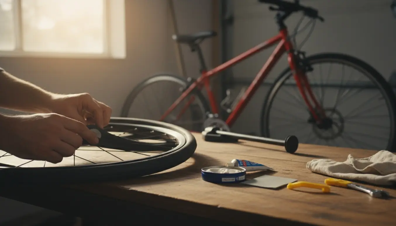 Nærbillede af hænder, der lapper en slange fra baghjulet på en simpel bycykel i et soloplyst værksted.