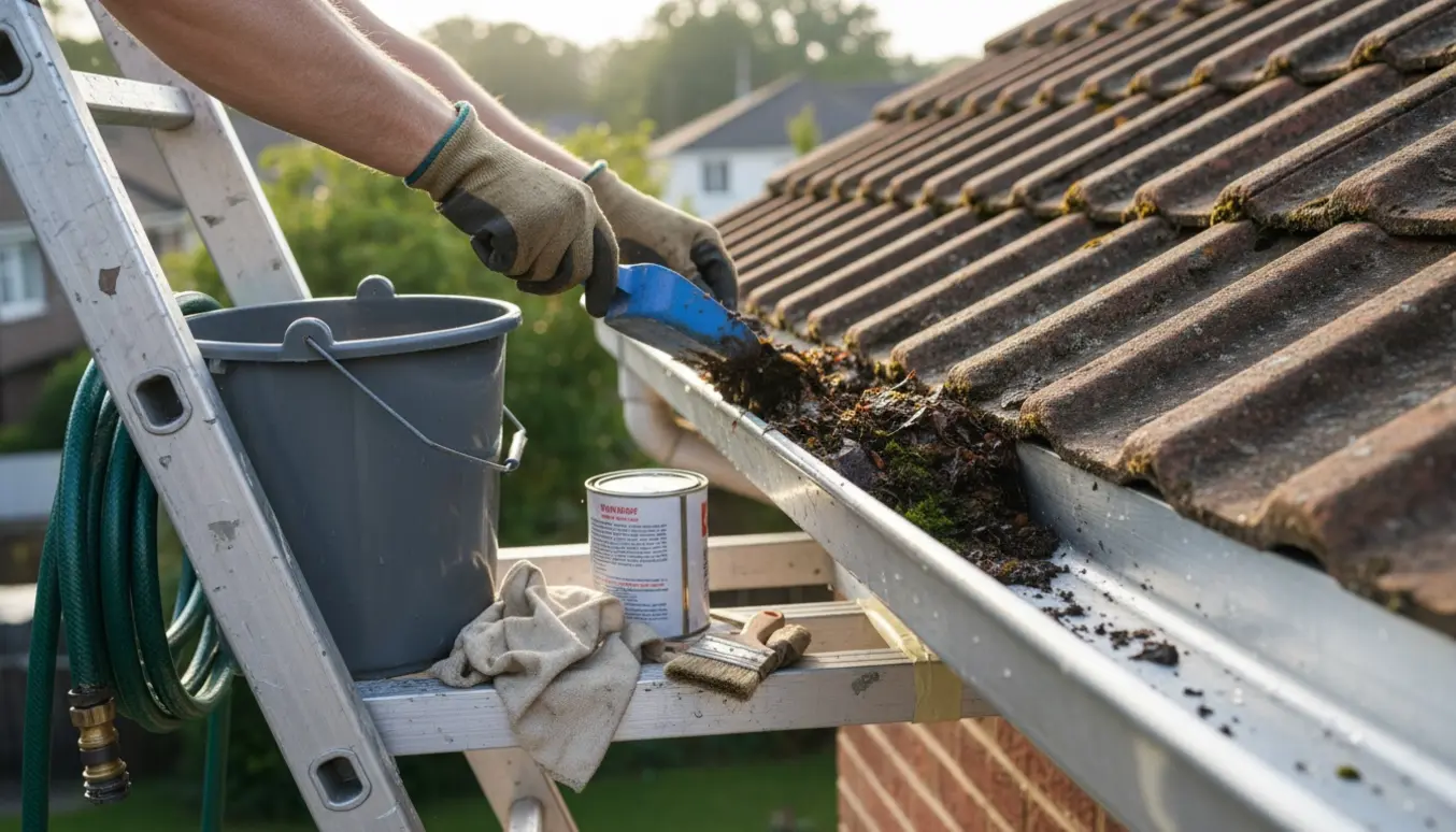 Hænder renser en synlig tagrende fra en stige, blade og snavs tømmes i en spand.