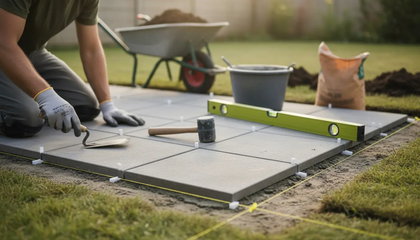 Nærbillede af 20x20 cm fliser lagt på en forberedt terrasse med værktøj og hænder i arbejde.