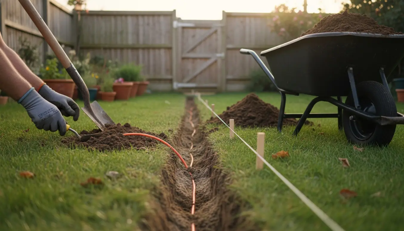 Nærbillede af en håndgravet kabelrende i en lukket have med kabel, skovl og jordbunke.