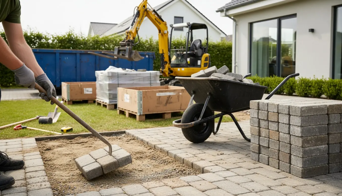 Arbejdshænder fjerner herregårdsfliser ved indkørsel med stablede fliser og container klar til bortskaffelse.