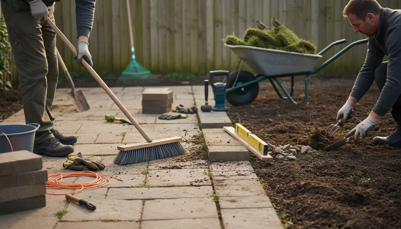 En mindre terrasse og et 10 m² staudebed under klargøring med haveredskaber, rullegræs og en trillebør.