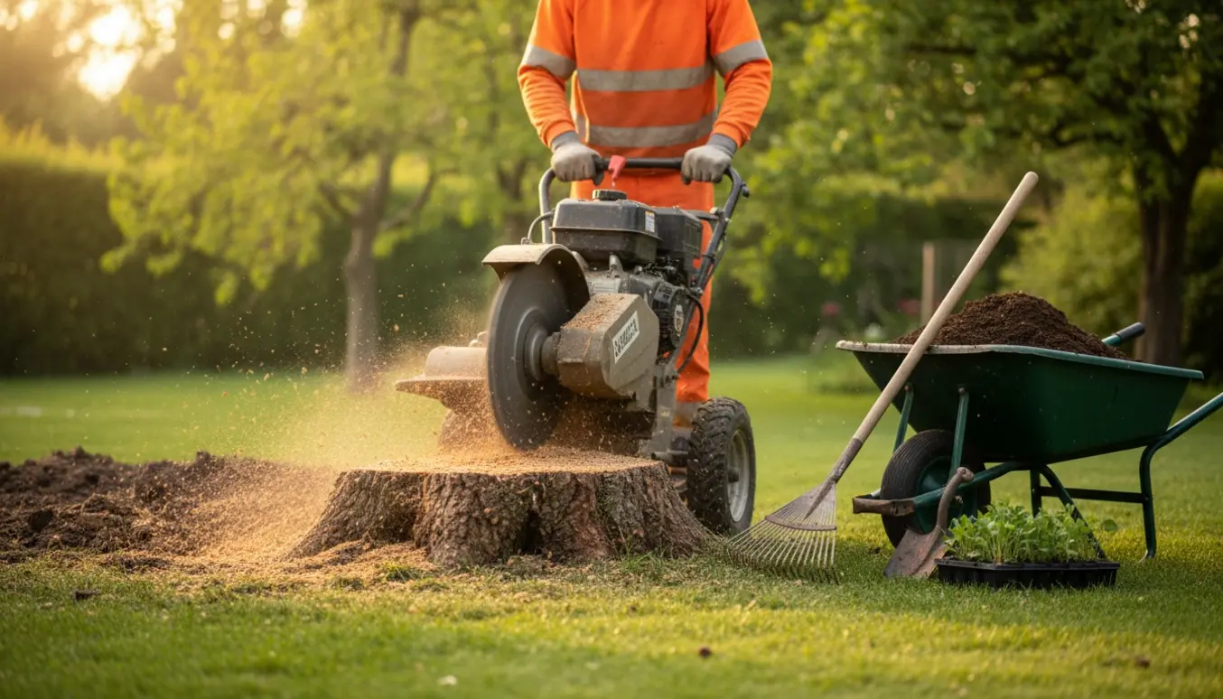 En stubfræser fjerner en gammel træstub i haven med træflis og klar jord til beplantning.