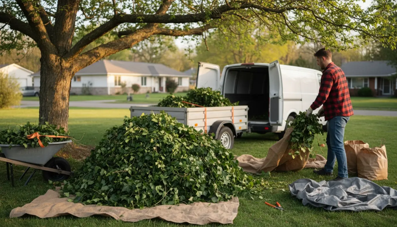 Stor bunke nedskåret efeu samlet under et træ ved en åben varevogn klar til afhentning.