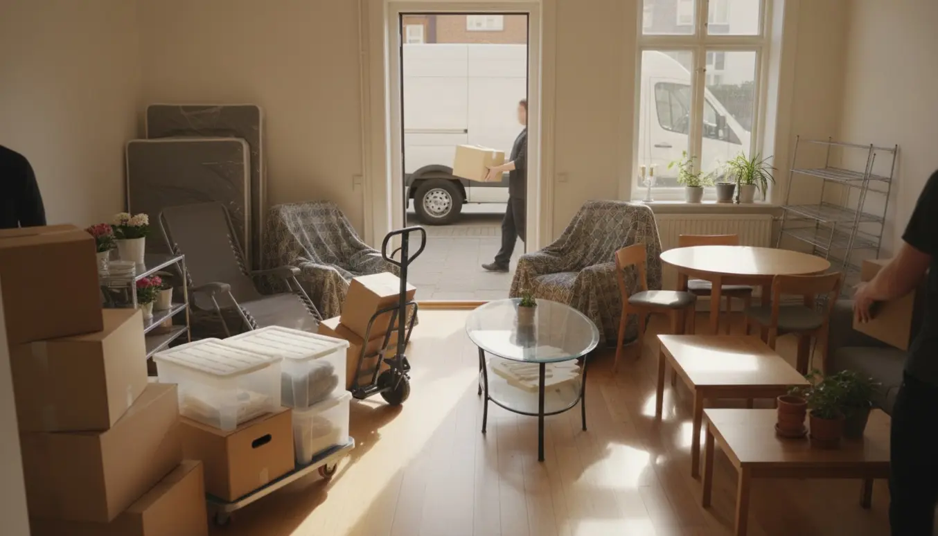 Flyttefolk læsser møbler og flyttekasser ud af en lille lejlighed gennem en åben dør i dagslys.