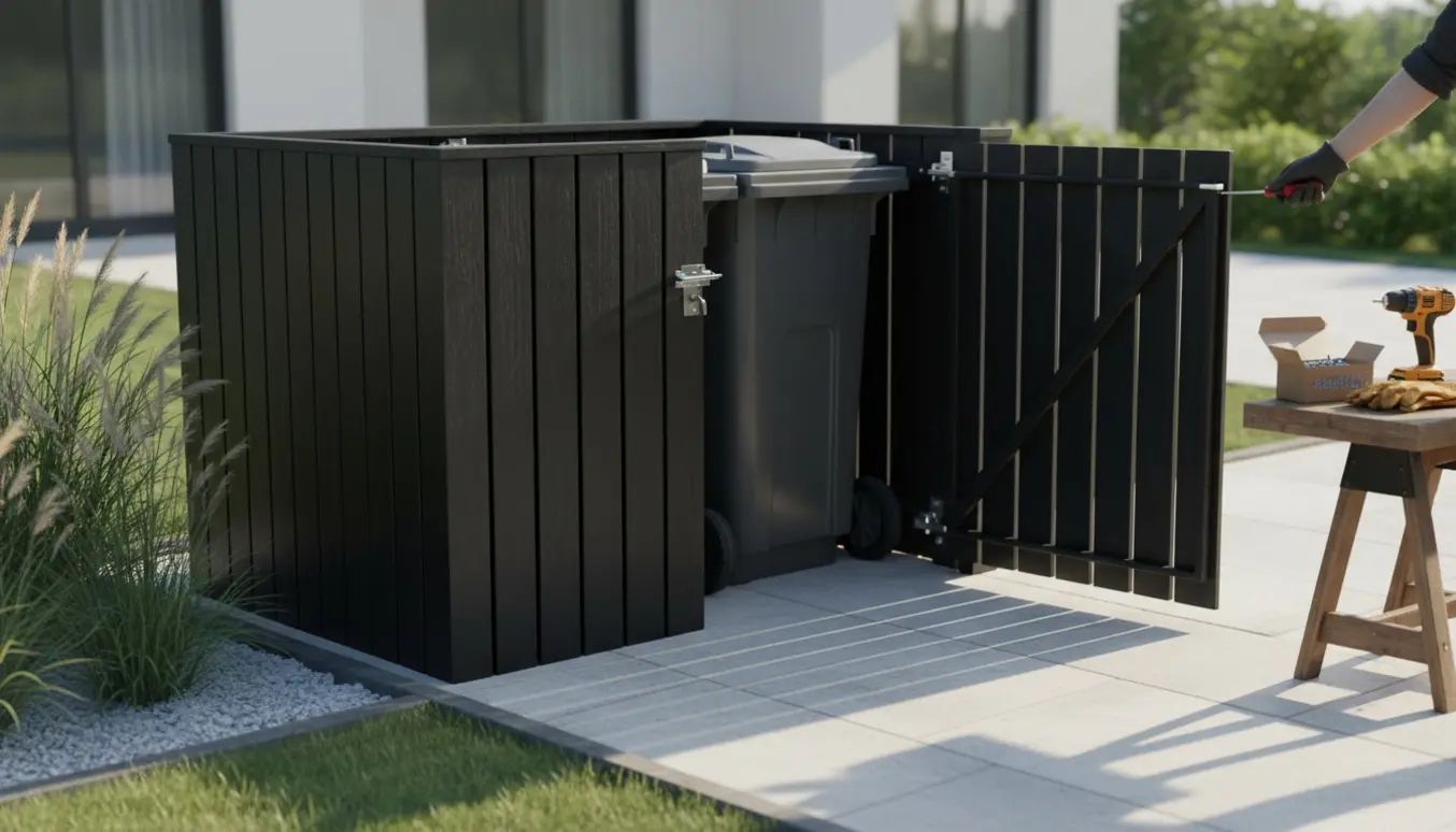 Sort lamelskjuler med åben låge og to skraldespande, med værktøj og handsker ved siden af.
