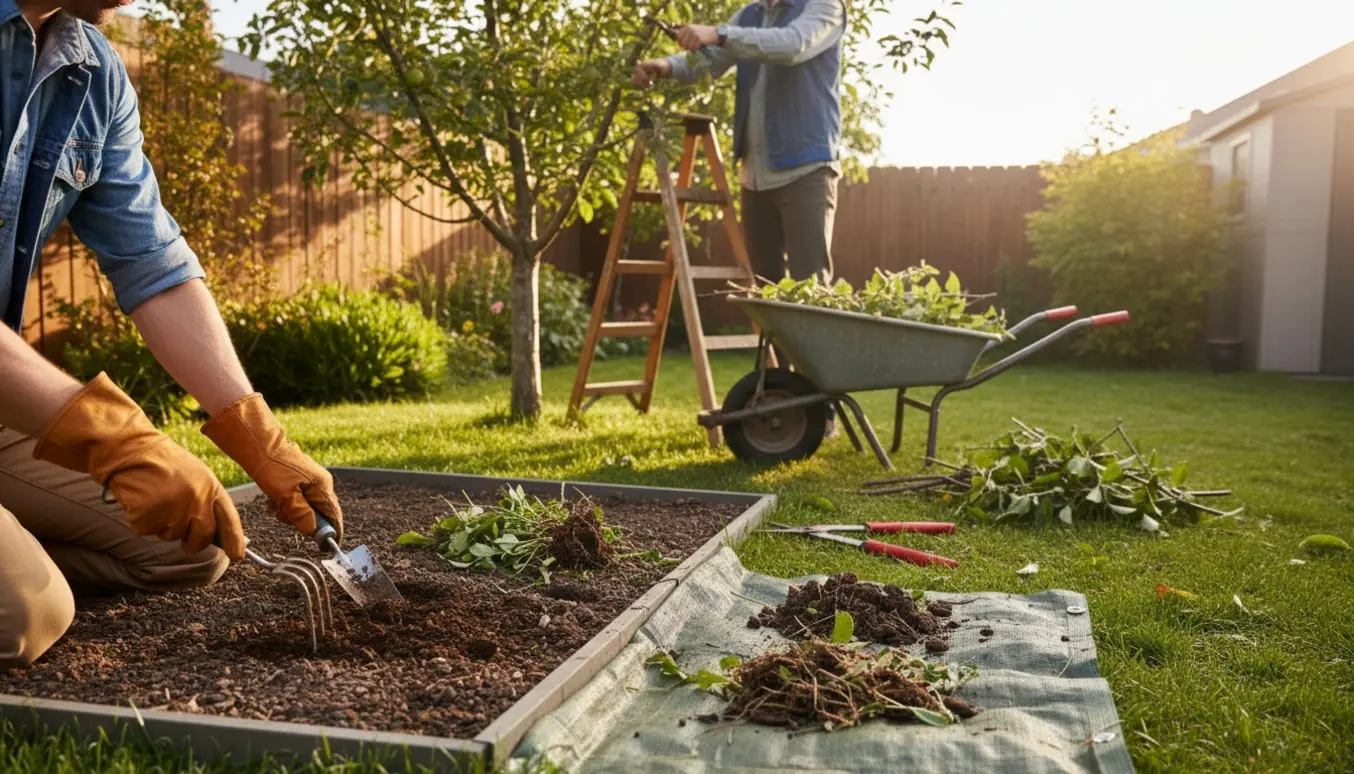 Lugning af et kvadratisk staudebed og beskæring af et lille æbletræ i en solbeskinnet baghave.