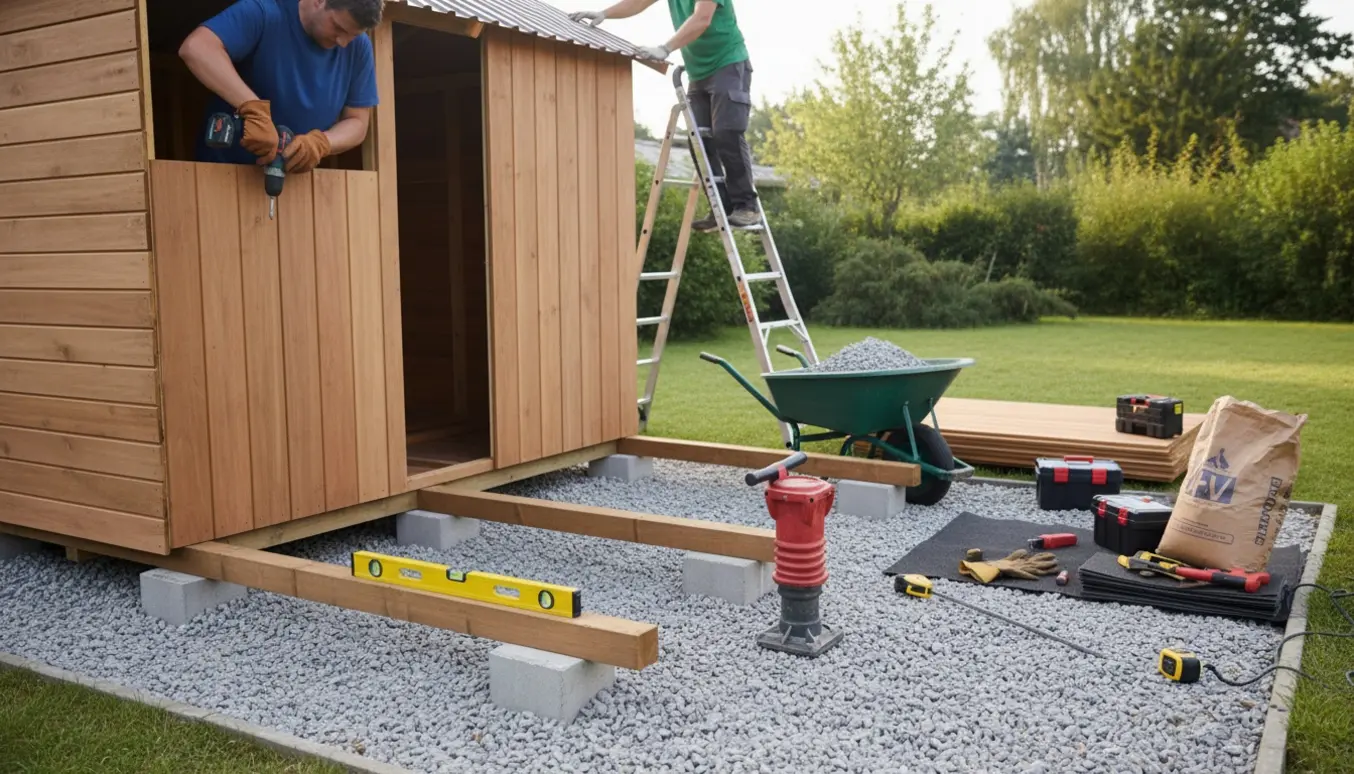 Installation af et lille træskur på grusfundament med håndværkere, værktøj og tagmaterialer i en solrig have.