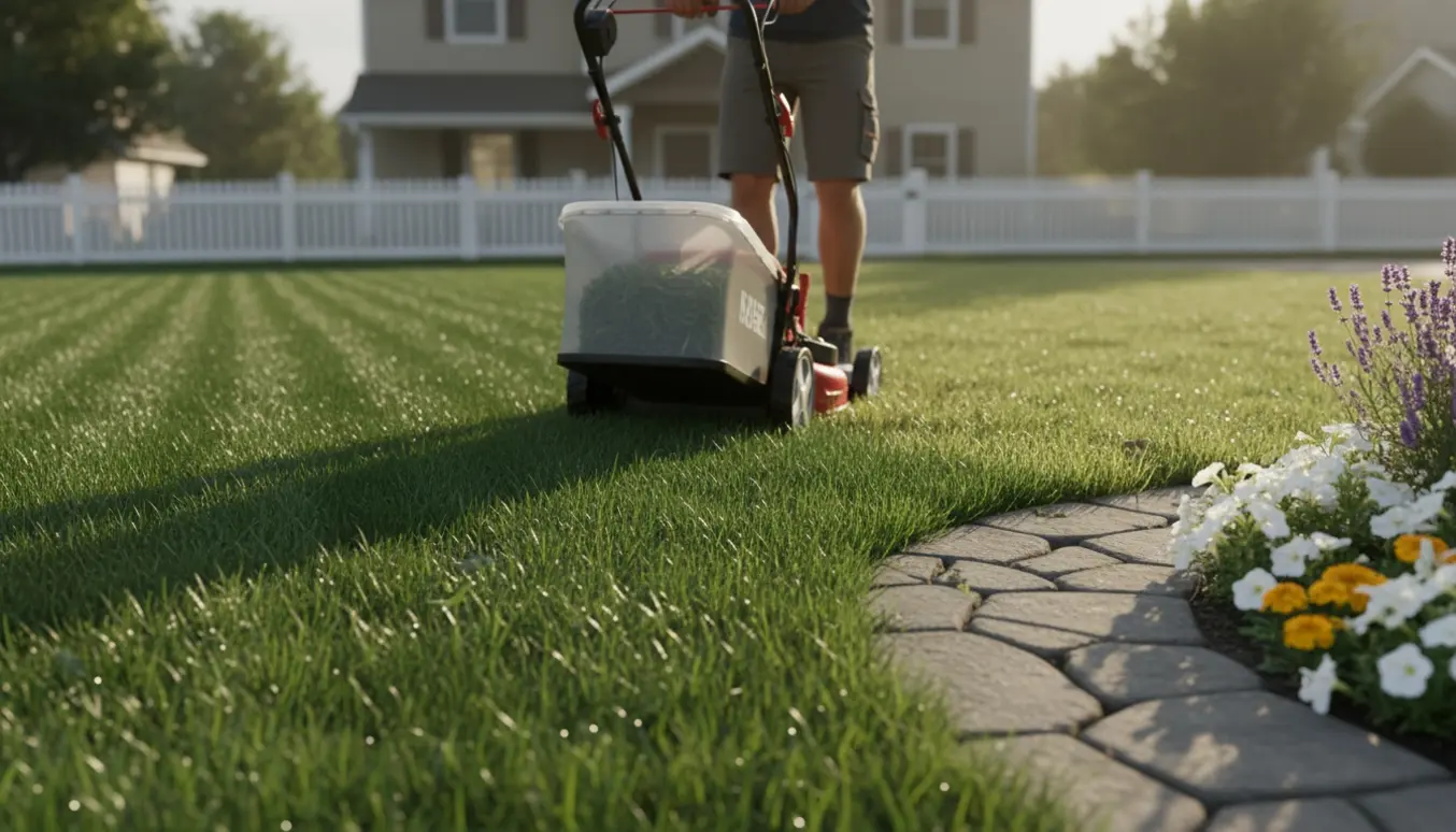 En person slår græsset med en plæneklipper, der efterlader nyklippede striber på græsplænen.