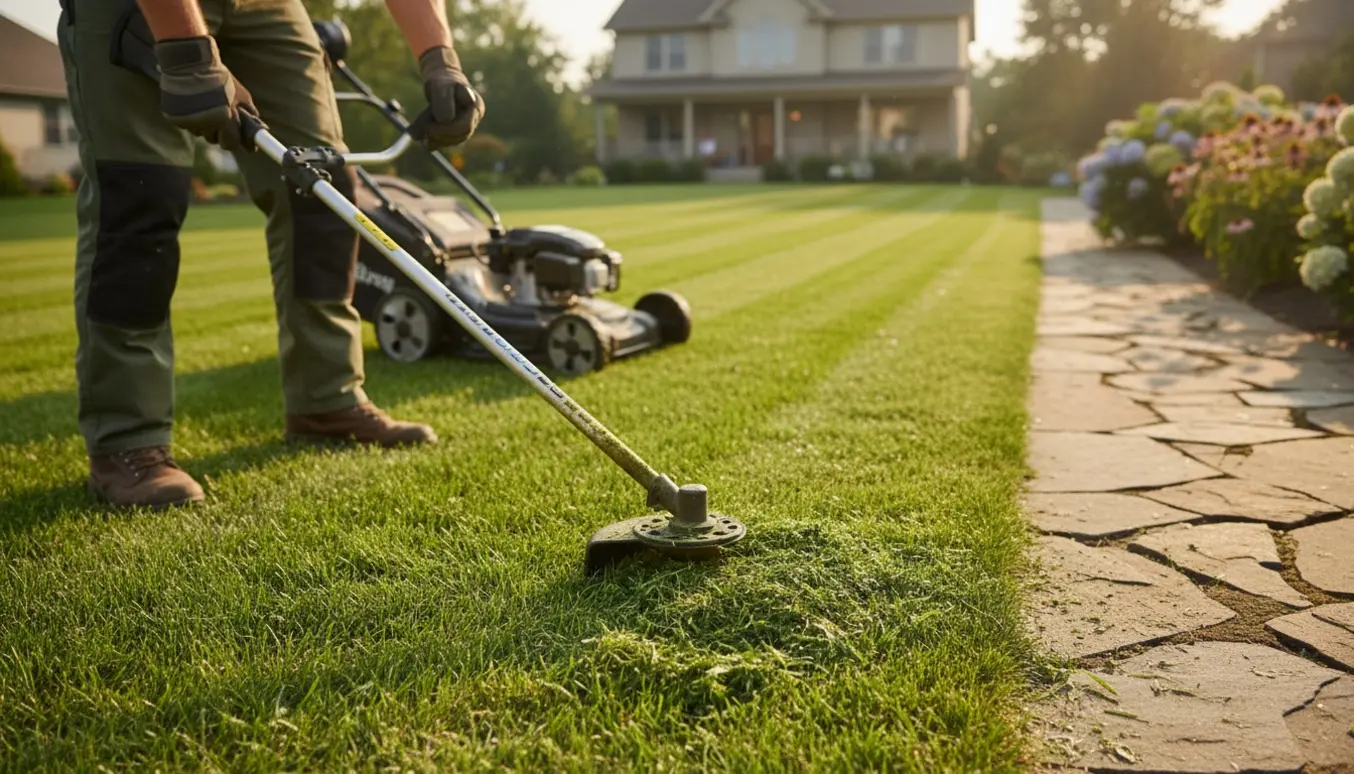 Nærbillede af nyslået græs med plæneklipper og en skarp kante langs en sti.